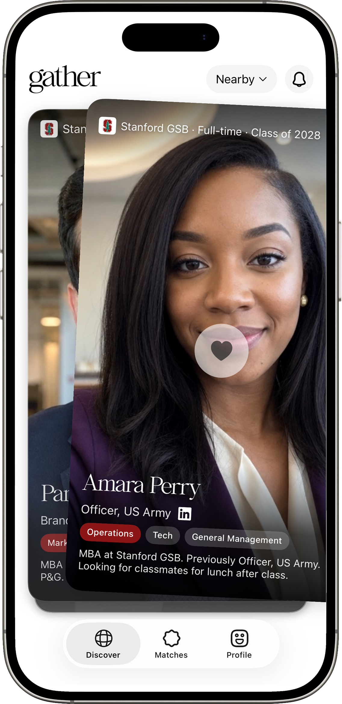 Gather discover stack showing classmate profiles